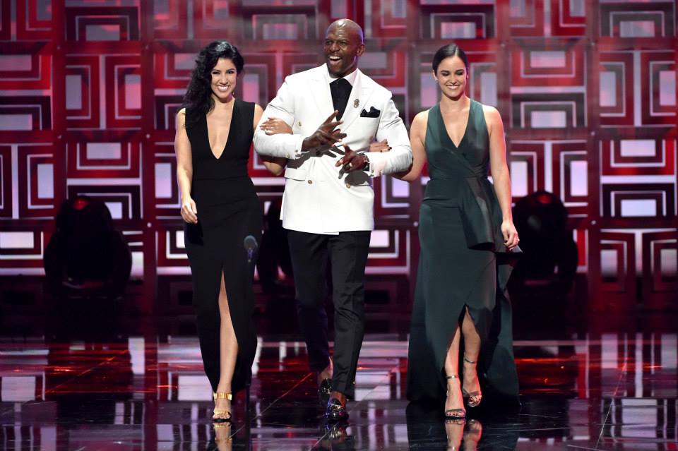 (L-R) Actors Stephanie Beatriz, Terry Crews, and Melissa Fumero speak onstage during the 2014 NCLR ALMA Awards at the Pasadena Civic Auditorium on October 10, 2