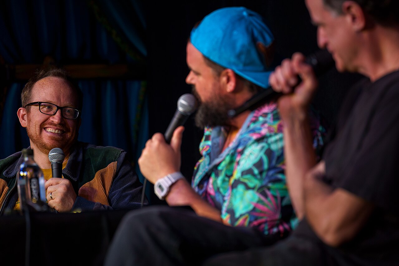 Chris Gethard performs at improv4humans at SXSW 2024. Also pictured: Jon Gabrus (center) and Matt Besser (right)