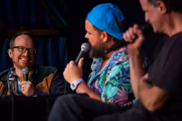 Chris Gethard performs at improv4humans at SXSW 2024. Also pictured: Jon Gabrus (center) and Matt Besser (right)