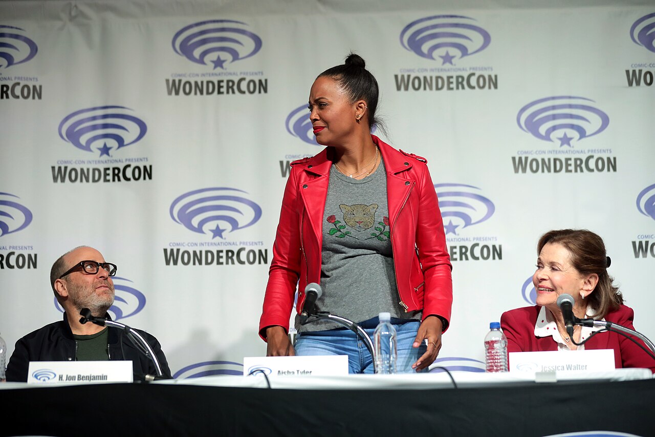 H. Jon Benjamin, Aisha Tyler and Jessica Walter speaking at the 2019 WonderCon, for "Archer", at the Anaheim Convention Center in Anaheim, California. Please at