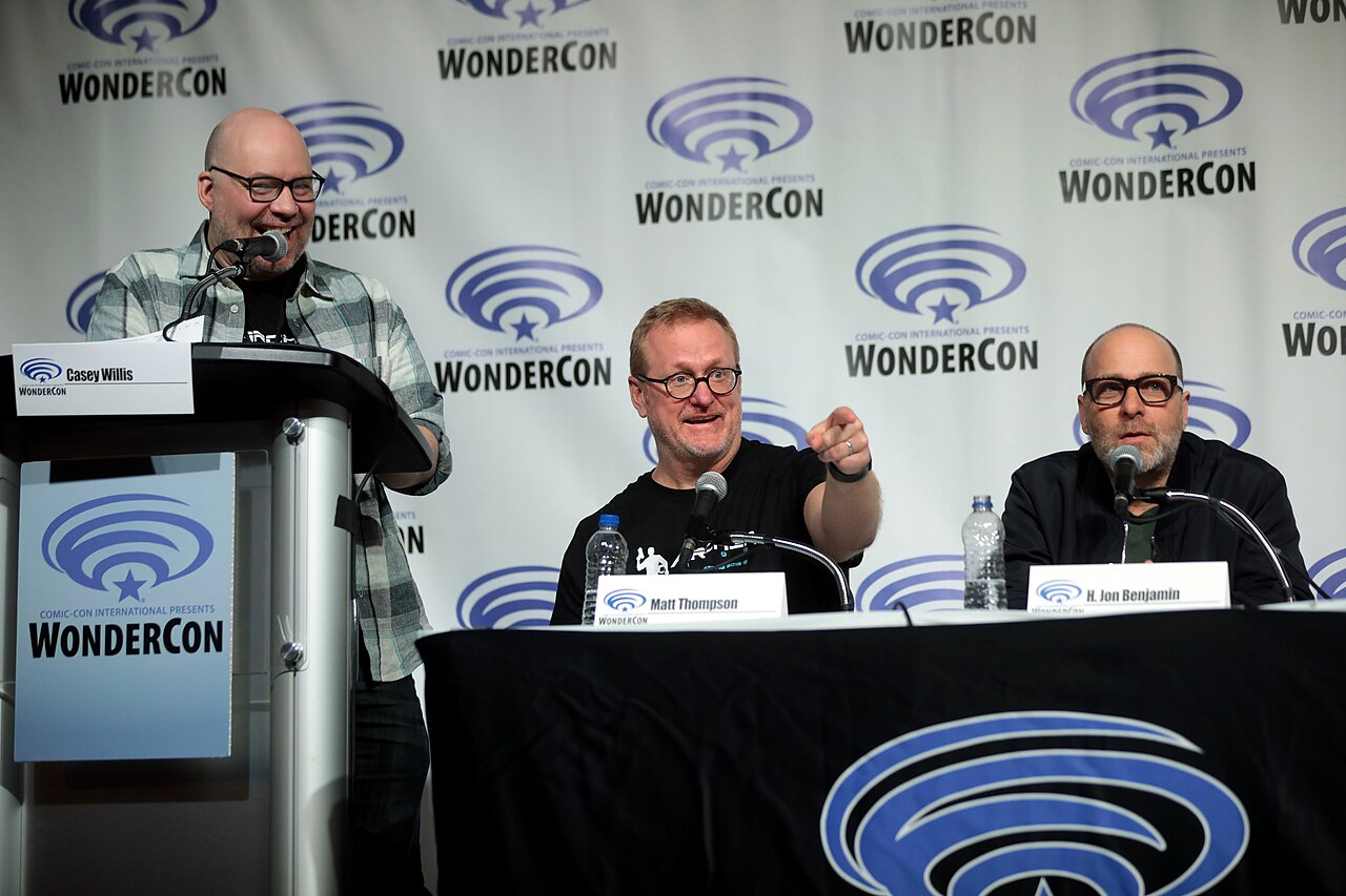 Casey Willis, Matt Thompson and H. Jon Benjamin speaking at the 2019 WonderCon, for "Archer", at the Anaheim Convention Center in Anaheim, California. Please at