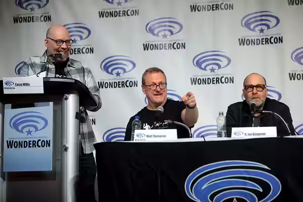 Casey Willis, Matt Thompson and H. Jon Benjamin speaking at the 2019 WonderCon, for "Archer", at the Anaheim Convention Center in Anaheim, California. Please at