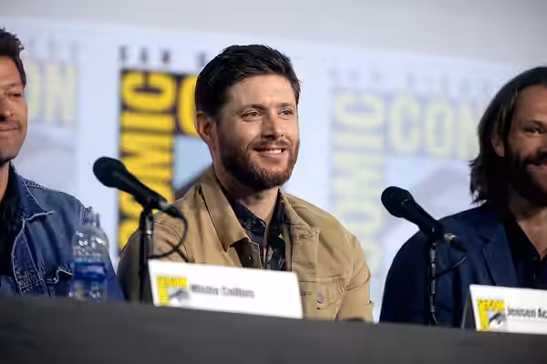 Jensen Ackles speaking at the 2019 San Diego Comic Con International, for "Supernatural", at the San Diego Convention Center in San Diego, California. Please at