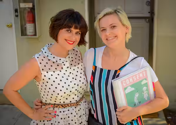 Rebekka Johnson and Kimmy Gatewood on the set of Consent in August 2018