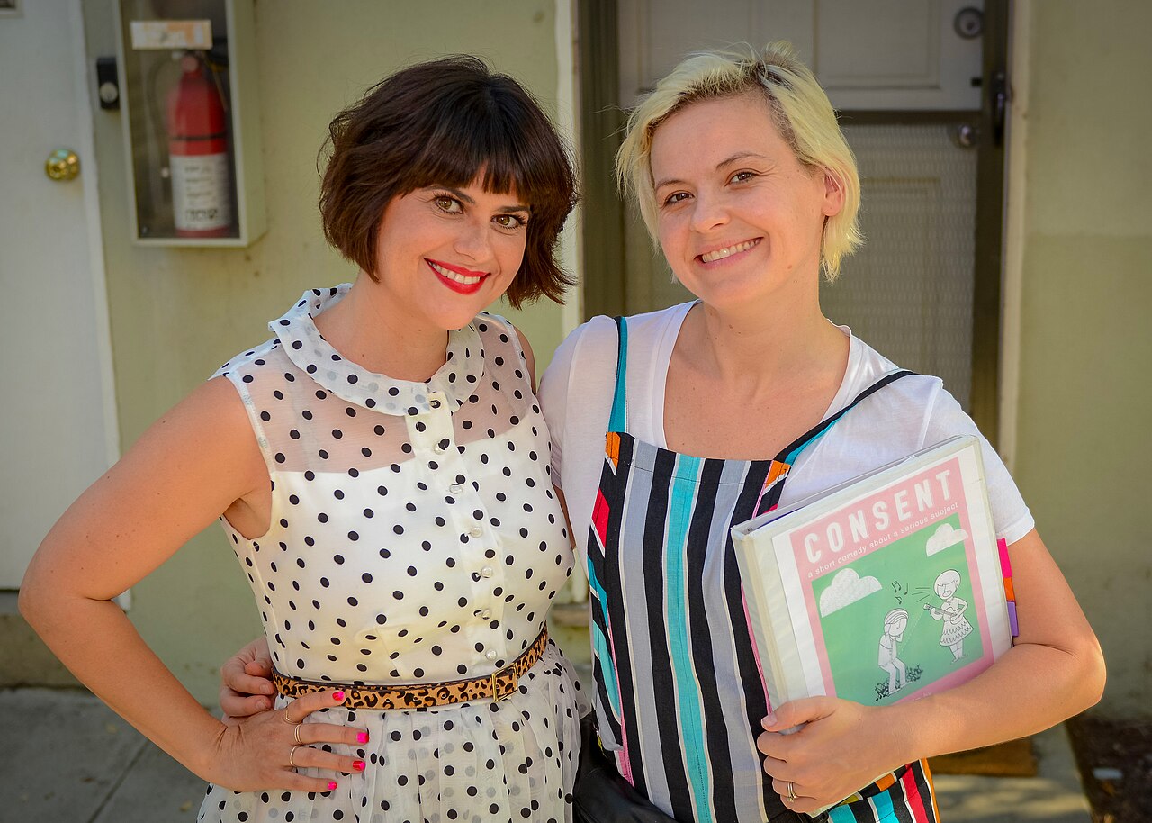 Rebekka Johnson and Kimmy Gatewood on the set of Consent in August 2018