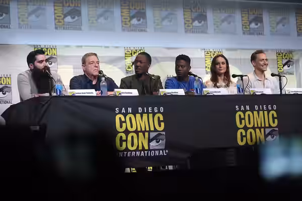 Jordan Vogt-Roberts, John Goodman, Corey Hawkins, Jason Mitchell, Brie Larson and Tom Hiddleston speaking at the 2016 San Diego Comic Con International, for "Ko