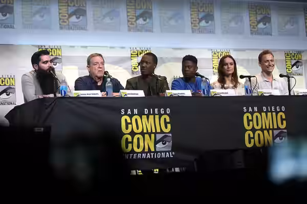 Jordan Vogt-Roberts, John Goodman, Corey Hawkins, Jason Mitchell, Brie Larson and Tom Hiddleston speaking at the 2016 San Diego Comic Con International, for "Ko