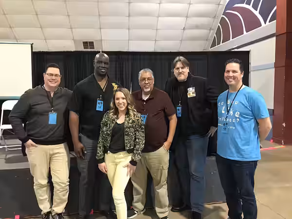 January 2022 Bakersfield Mouse-Con Heroes of Extinction panel: Jason Braden, Isaac Singleton Jr., Mary Gibbs, Jerry Cornell, C. Andrew Nelson, and Joshua Shaffe