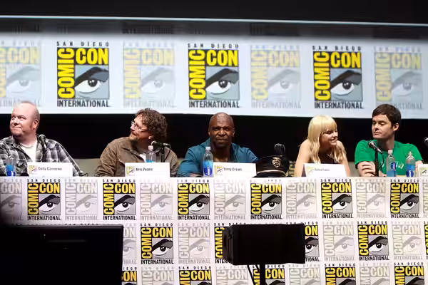 Cody Cameron, Kris Pearn, Terry Crews, Anna Faris and Bill Hader speaking at the 2013 San Diego Comic Con International, for "Cloudy with a Chance of Meatballs 