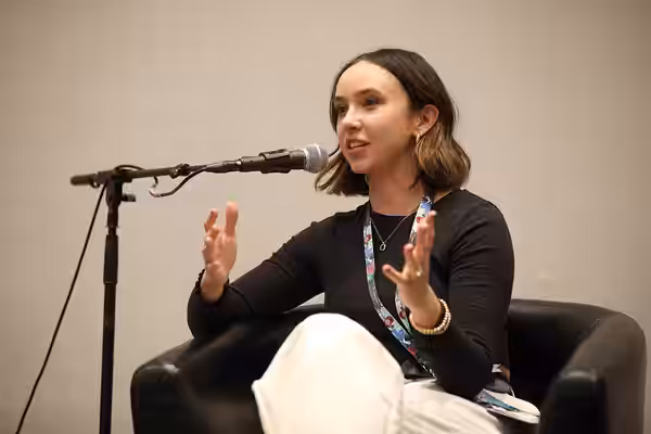 Britt Baron speaking with attendees at the 2024 Game On Expo at the Phoenix Convention Center in Phoenix, Arizona. Please attribute to Gage Skidmore if used els