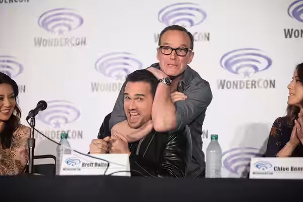 Brett Dalton and Clark Gregg speaking at the 2016 WonderCon, for "Marvel's Agents of S.H.I.E.L.D.", at the Los Angeles Convention Center in Los Angeles, Califor