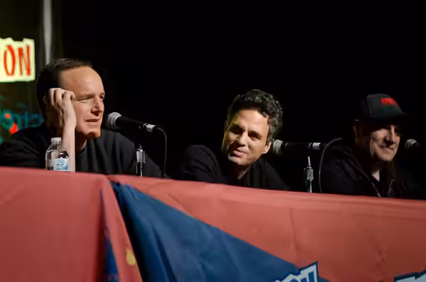 Clark Gregg, Mark Ruffalo and Kevin Feige promoting The Avengers at the 2011 New York Comic Con.