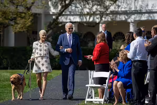 President Joe Biden and actress and disability rights activist Selma Blair arrive to an Americans with Disabilities Act (ADA) reception on the South Lawn, Monda (2023)