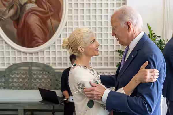 President Joe Biden greets actress and disability rights activist Selma Blair and her manager Troy Nankin in the Palm Room, Monday, October 2, 2023, before atte