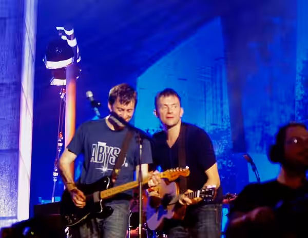 Damon Albarn and Graham Coxon performing at the Blur gig at Hyde Park for the Closing Ceremony of the 2012 Summer Olympics