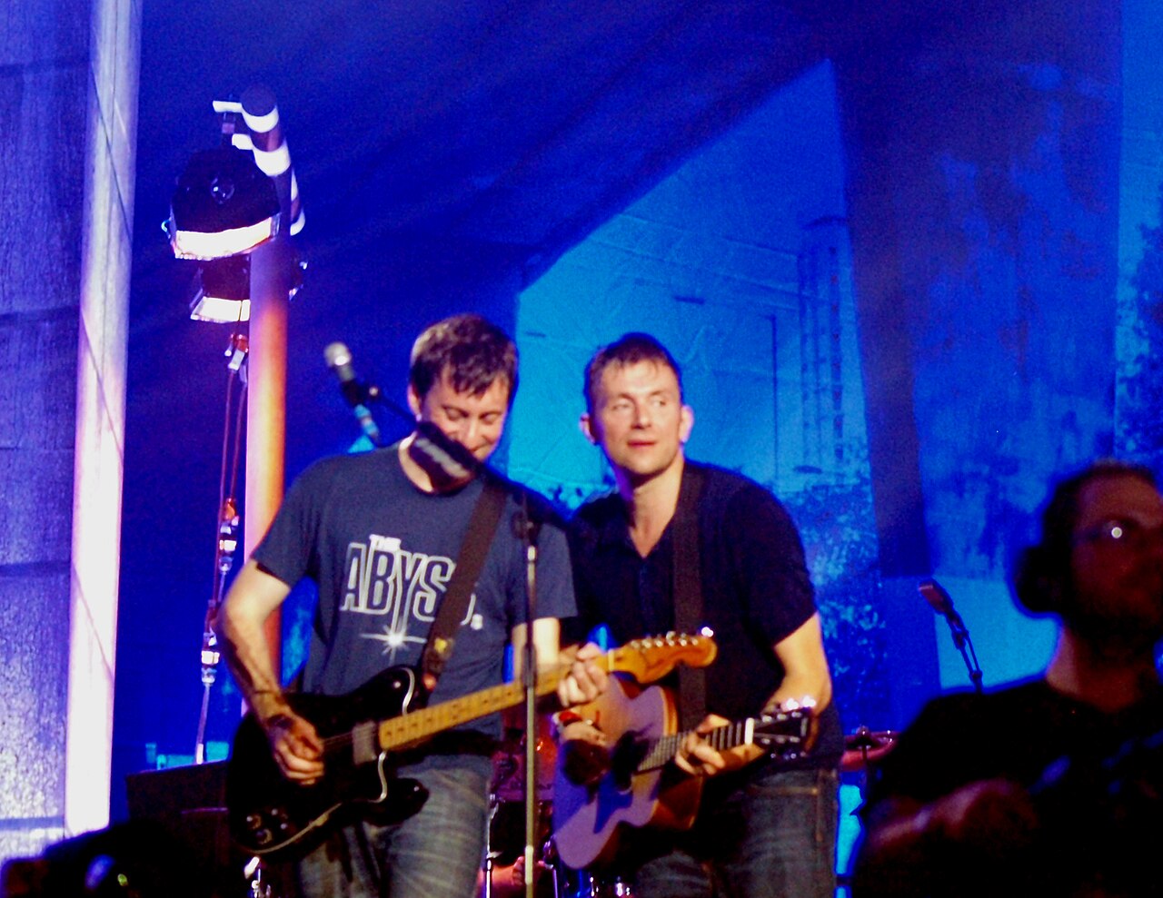 Damon Albarn and Graham Coxon performing at the Blur gig at Hyde Park for the Closing Ceremony of the 2012 Summer Olympics