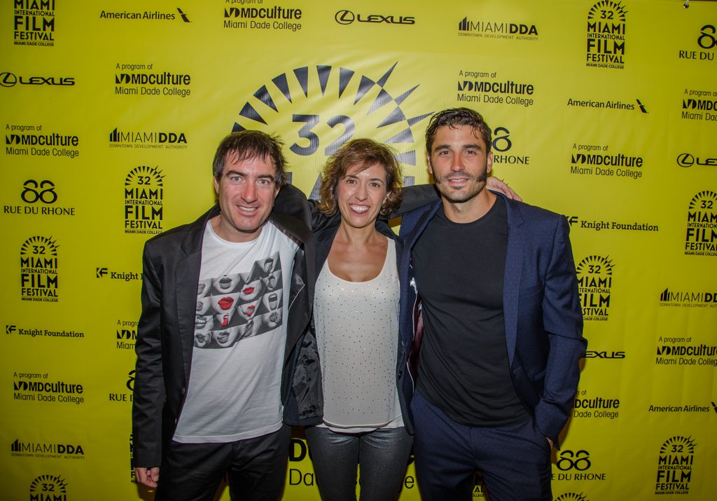 KAMIKAZE director Alex Pina, producer Mercedes Gamero, actor Alex Garcia at the Miami Film Festival presentation of the film (2015)