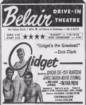 Belair Drive-In theater advertisement for the American comedy beach film Gidget (1959). From the 3 April 1959 San Bernardino Sun.