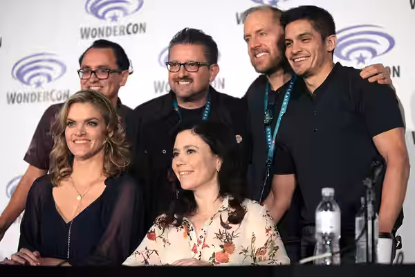 Gustavo Arellano, Lalo Alcaraz, Missi Pyle, Alex Borstein, Nicholas Gonzalez and Mark Hentemann speaking at the 2016 Wondercon, for "Bordertown", at the Los Ang