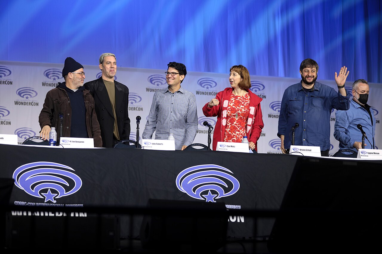H. Jon Benjamin, John Roberts, Dan Mintz, Kristen Schaal, Eugene Mirman and Larry Murphy speaking at the 2022 WonderCon, for "The Bob's Burgers Movie", at the A