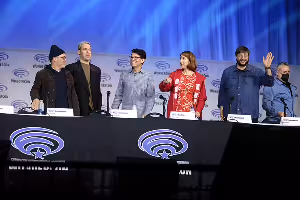 H. Jon Benjamin, John Roberts, Dan Mintz, Kristen Schaal, Eugene Mirman and Larry Murphy speaking at the 2022 WonderCon, for "The Bob's Burgers Movie", at the A