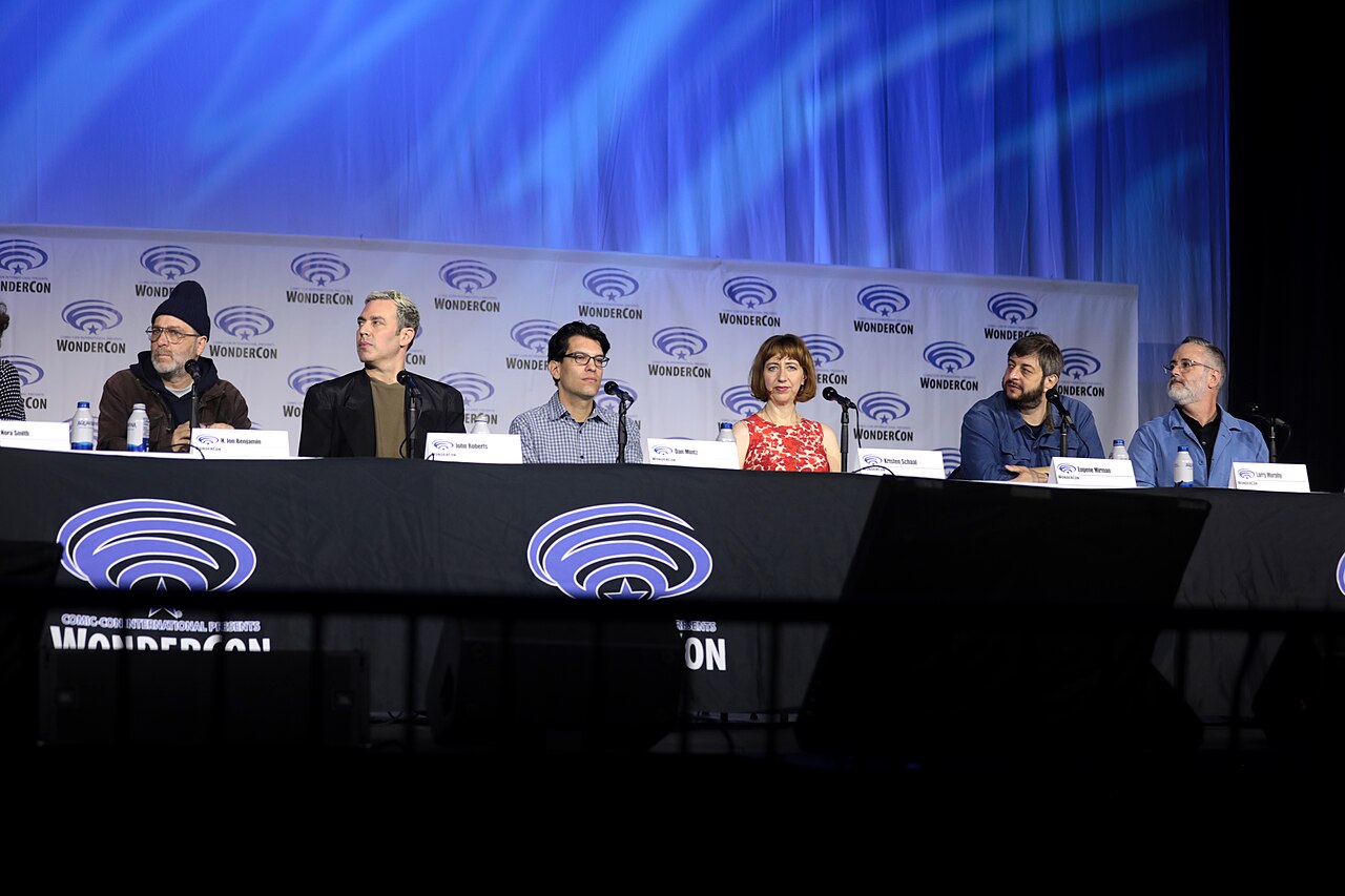 H. Jon Benjamin, John Roberts, Dan Mintz, Kristen Schaal, Eugene Mirman and Larry Murphy speaking at the 2022 WonderCon, for "The Bob's Burgers Movie", at the A
