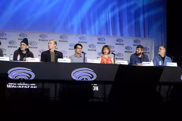 H. Jon Benjamin, John Roberts, Dan Mintz, Kristen Schaal, Eugene Mirman and Larry Murphy speaking at the 2022 WonderCon, for "The Bob's Burgers Movie", at the A