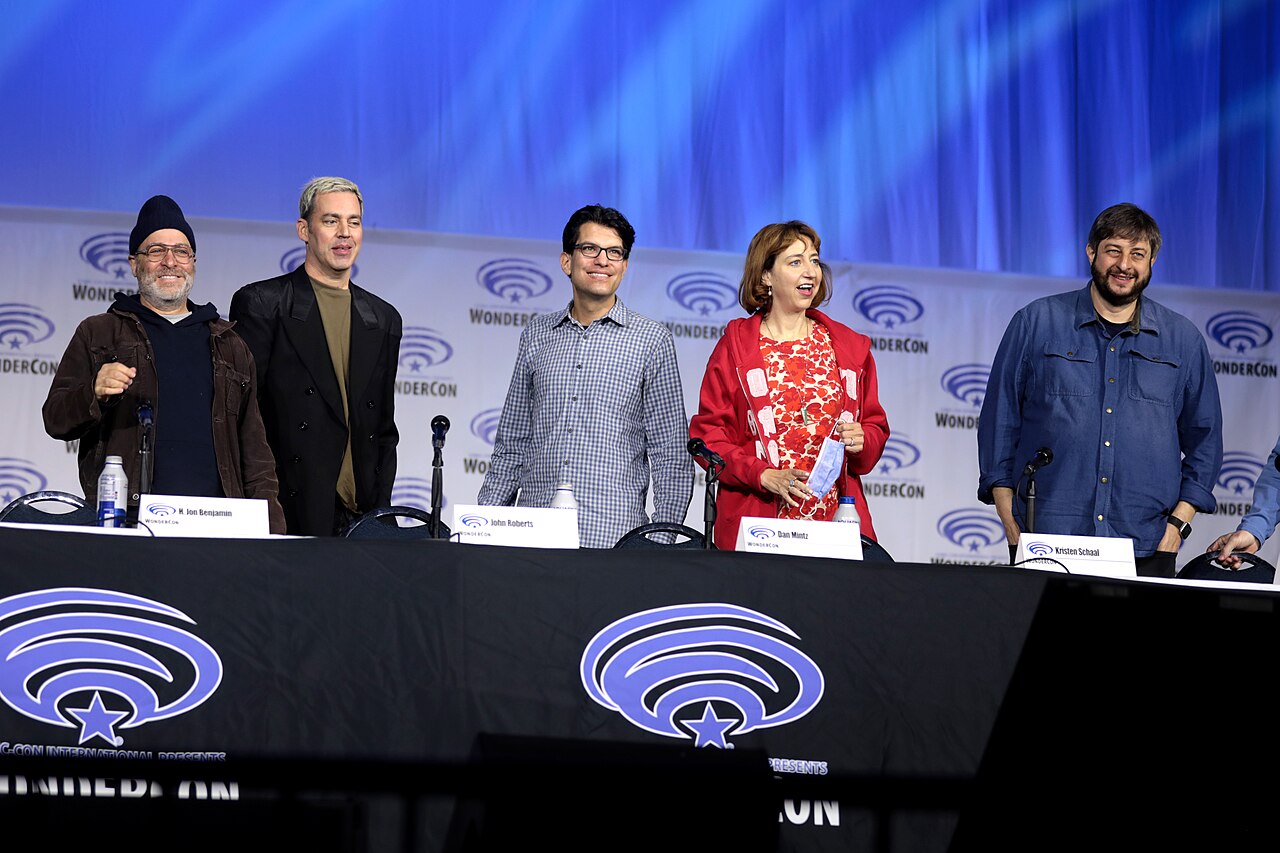 H. Jon Benjamin, John Roberts, Dan Mintz, Kristen Schaal and Eugene Mirman speaking at the 2022 WonderCon, for "The Bob's Burgers Movie", at the Anaheim Convent