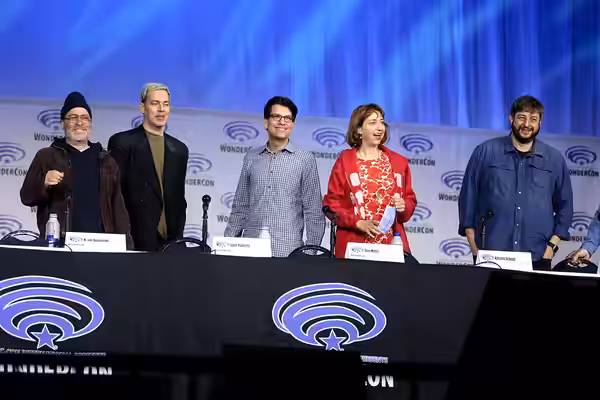 H. Jon Benjamin, John Roberts, Dan Mintz, Kristen Schaal and Eugene Mirman speaking at the 2022 WonderCon, for "The Bob's Burgers Movie", at the Anaheim Convent