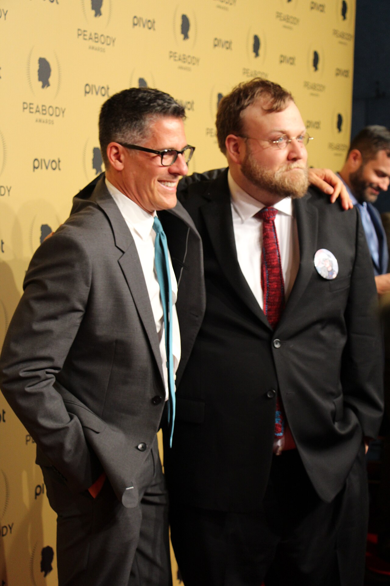 Rob Sorcher, Chief Content Officer of Cartoon Network Studios and Adventure Time Creator Pendleton Ward arrive on the red carpet. (2015)