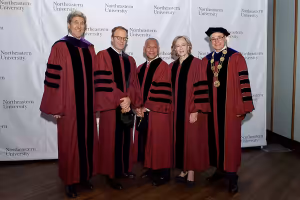 U.S. Secretary of State John Kerry, flanked by Northeastern University President Joseph Aoun, stands with honorary degree recipients - Screenwriter Tom McCarthy (2016)