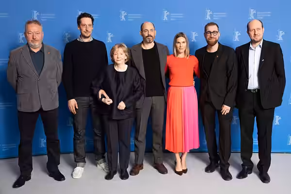 Raimond Goebel, Hans Löw, Christine Schorn, Edward Berger, Nele Mueller-Stöfen, Jan Krüger and Jörg Trentmann presenting the movie All My Loving at the Berlinal (2019)