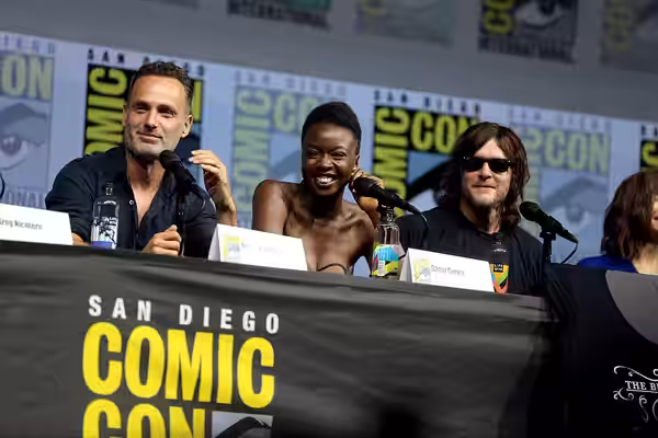 Andrew Lincoln, Danai Gurira and Norman Reedus speaking at the 2018 San Diego Comic Con International, for "The Walking Dead", at the San Diego Convention Cente