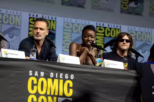 Andrew Lincoln, Danai Gurira and Norman Reedus speaking at the 2018 San Diego Comic Con International, for "The Walking Dead", at the San Diego Convention Cente