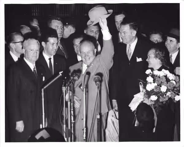 Black and white photograph print of Henry Cabot Lodge and Nikita Khrushchev with others.