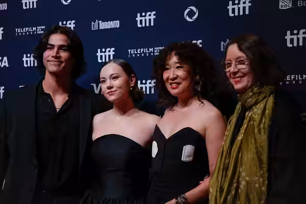 Joel Oulette, Keira Jang, Sandra Oh, actor, and Ann Marie Fleming, director, at the 2024 Toronto International Film Festival (TIFF) for the movie Can I Get A Wi
