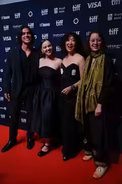 Joel Oulette, Keira Jang, Sandra Oh, actor, and Ann Marie Fleming, director, at the 2024 Toronto International Film Festival (TIFF) for the movie Can I Get A Wi