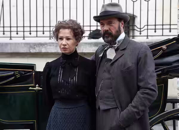 Birgit Minichmayr as Bertha von Suttner and Sebastian Koch as Alfred Nobel on the filming location of the movie Madame Nobel in and around the Embassy of France (2014)