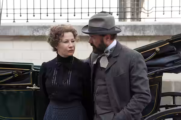 Birgit Minichmayr as Bertha von Suttner and Sebastian Koch as Alfred Nobel on the filming location of the movie Madame Nobel in and around the Embassy of France (2014)