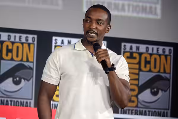 Anthony Mackie speaking at the 2019 San Diego Comic Con International, for "The Falcon and the Winter Soldier", at the San Diego Convention Center in San Diego,