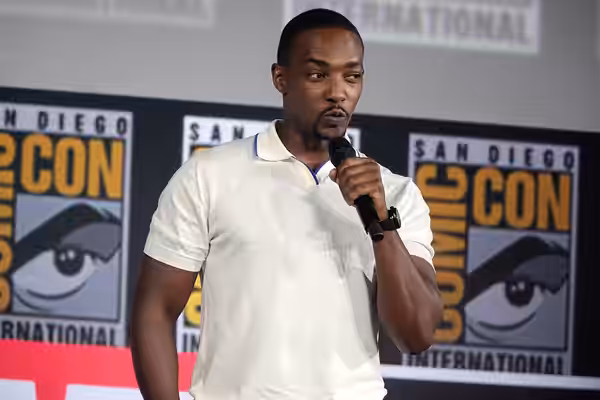 Anthony Mackie speaking at the 2019 San Diego Comic Con International, for "The Falcon and the Winter Soldier", at the San Diego Convention Center in San Diego,