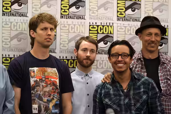 Cast of the Napoleon Dynamite film and television series at the 2011 San Diego Comic-Con International in San Diego, California, including Jon Heder, Aaron Ruel