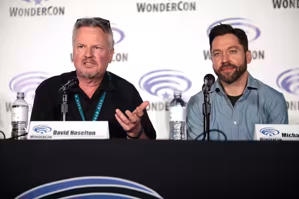 David Hoselton and Michael Weston speaking at the 2016 WonderCon for Houdini and Doyle at the Los Angeles Convention Center in Los Angeles, California.