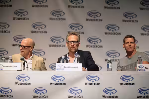 Donald De Line, Reed Diamond and Tim Griffin speaking at the 2015 Wondercon, for "Wayward Pines", at the Anaheim Convention Center in Anaheim, California. Pleas