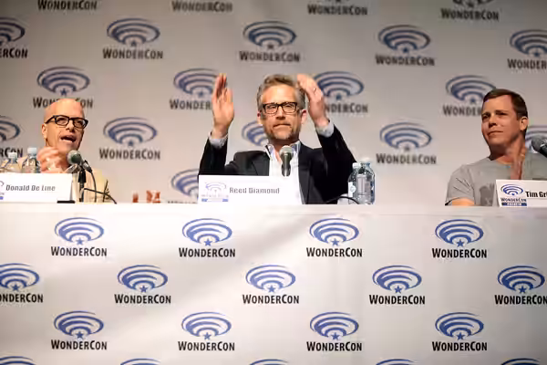 Donald De Line, Reed Diamond and Tim Griffin speaking at the 2015 Wondercon, for "Wayward Pines", at the Anaheim Convention Center in Anaheim, California. Pleas