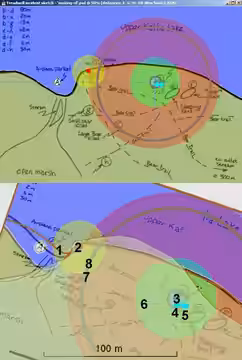 Attempt to improve on below quoted sketch by using approximate distances in between relevant waypoints as provided by Ranger Ellis. Each circle's radius shows a (2012)