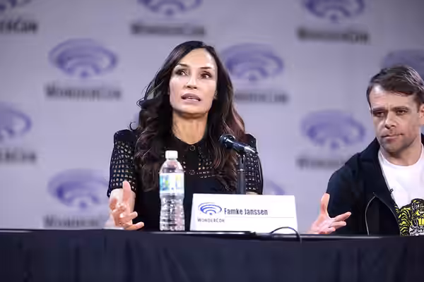 Famke Janssen and Nick Stahl speaking at the 2023 WonderCon, for "Knights of the Zodiac", at the Anaheim Convention Center in Anaheim, California. Please attrib