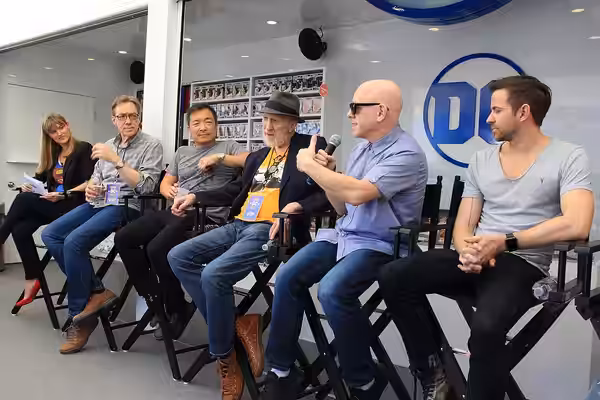 (L to R) IGN's Laura Prudom, Dan Jurgens, Jim Lee, Frank Miller, Brian Michael Bendis, Cameron Welsh at SXSW 2018