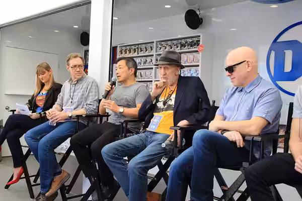 (L to R) IGN's Laura Prudom, Dan Jurgens, Jim Lee, Frank Miller, Brian Michael Bendis at SXSW 2018