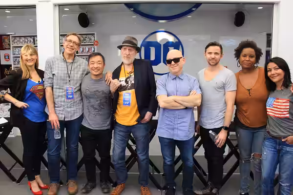 (L to R) IGN's Laura Prudom, Dan Jurgens, Jim Lee, Frank Miller, Brian Michael Bendis, Cameron Welsh, Nadria Tucker, and Lina Patel at SXSW 2018
